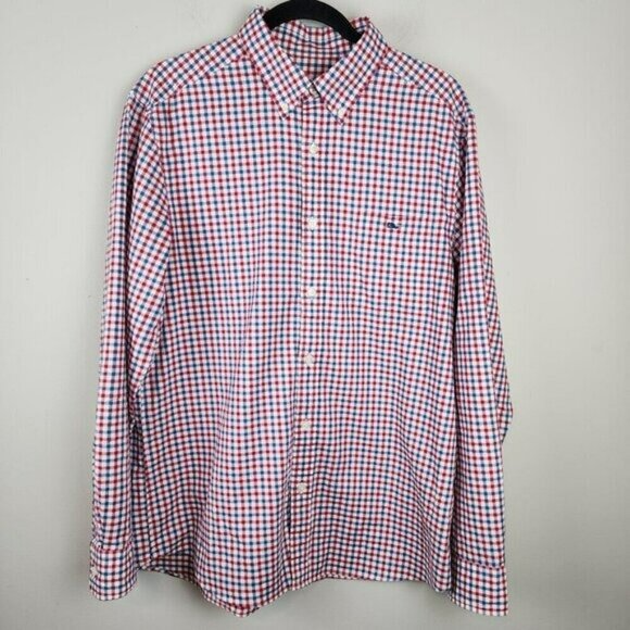 Vineyard Vines Men sz M red blue check whale button down shirt classic fit - Picture 1 of 10